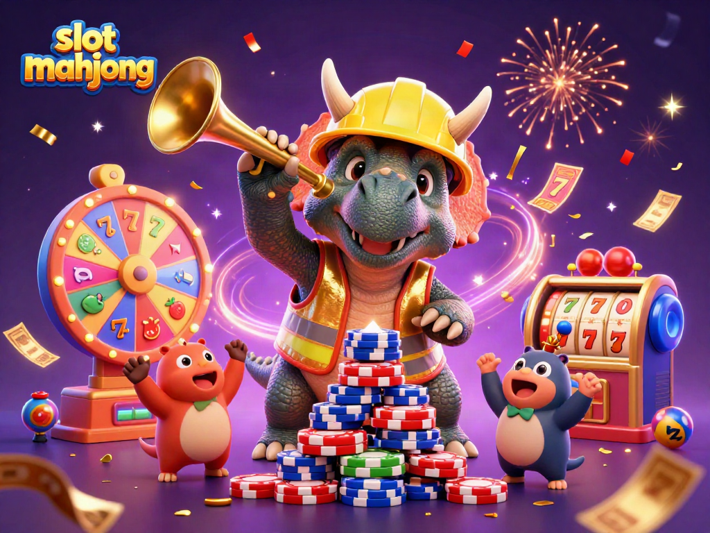Engage with slot mahjong through a vibrant 3D illustration showcasing dynamic characters and casino elements.