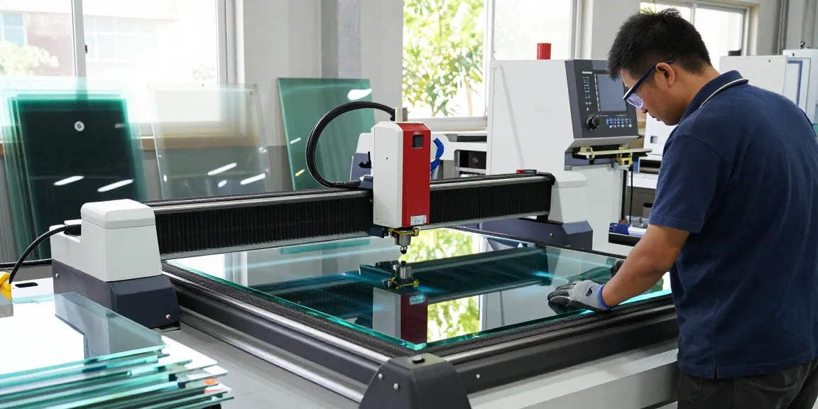 Technician using a glass cutting table in a modern glass processing workshop, emphasizing precision cutting