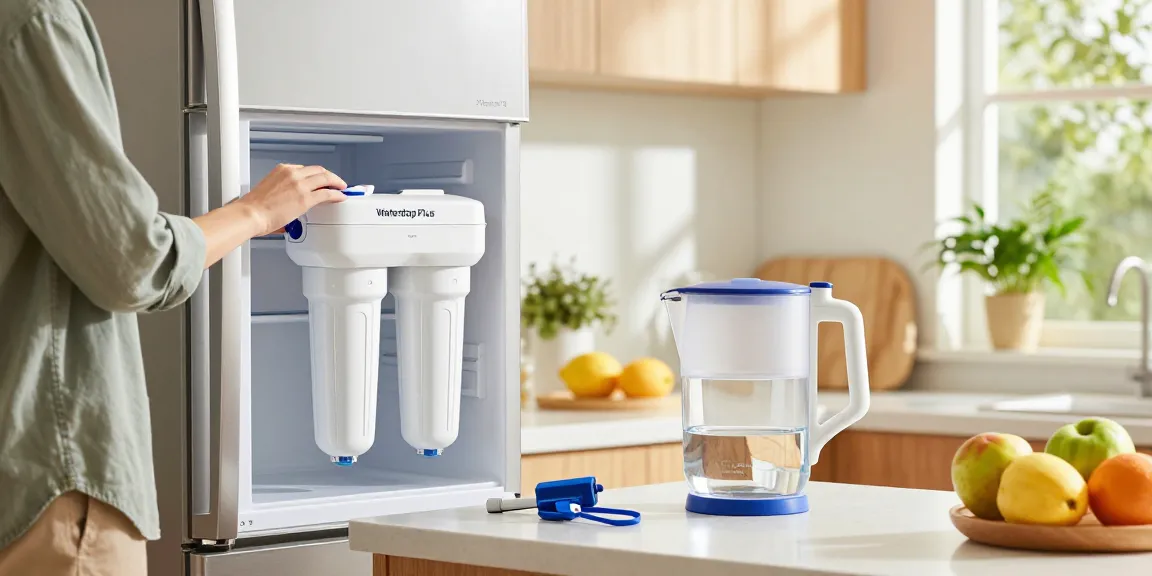 Waterdrop Plus 4396508 Refrigerator Water Filter installation in a bright kitchen with fresh produce.