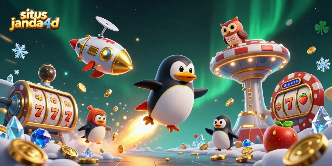 Visualisasi situs janda4d dengan penguin emas yang menembus ruang dan simbol slot jackpot.