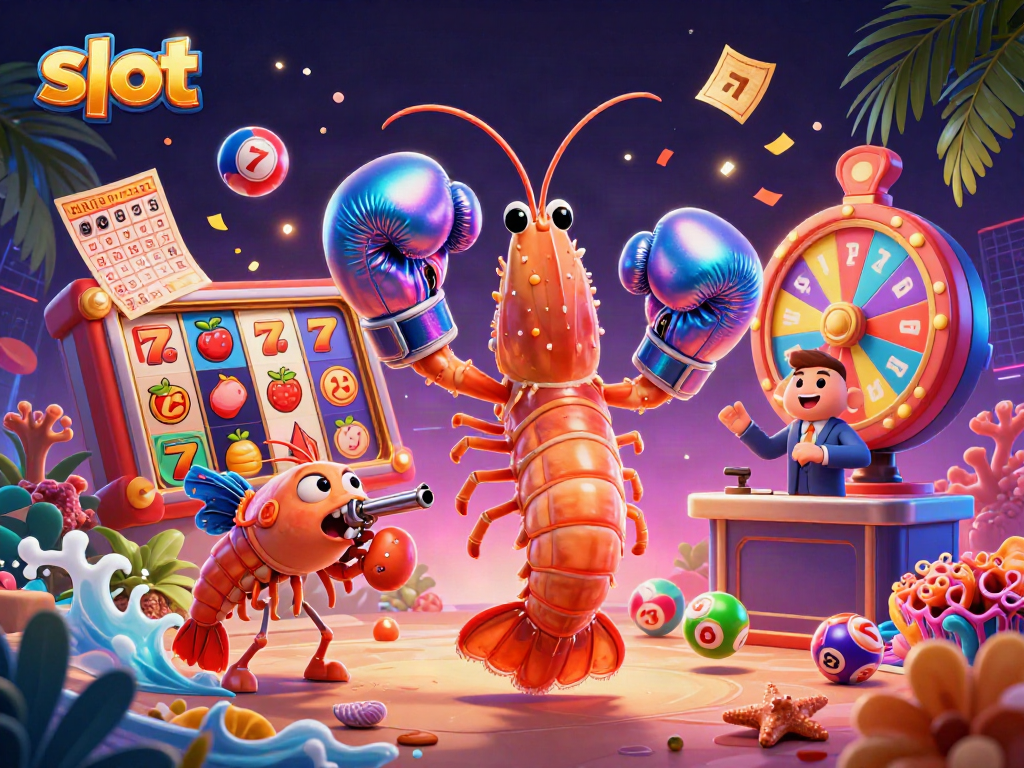 Engage in thrilling slot gameplay with an energetic 3D shrimp crew amidst vibrant gaming elements.