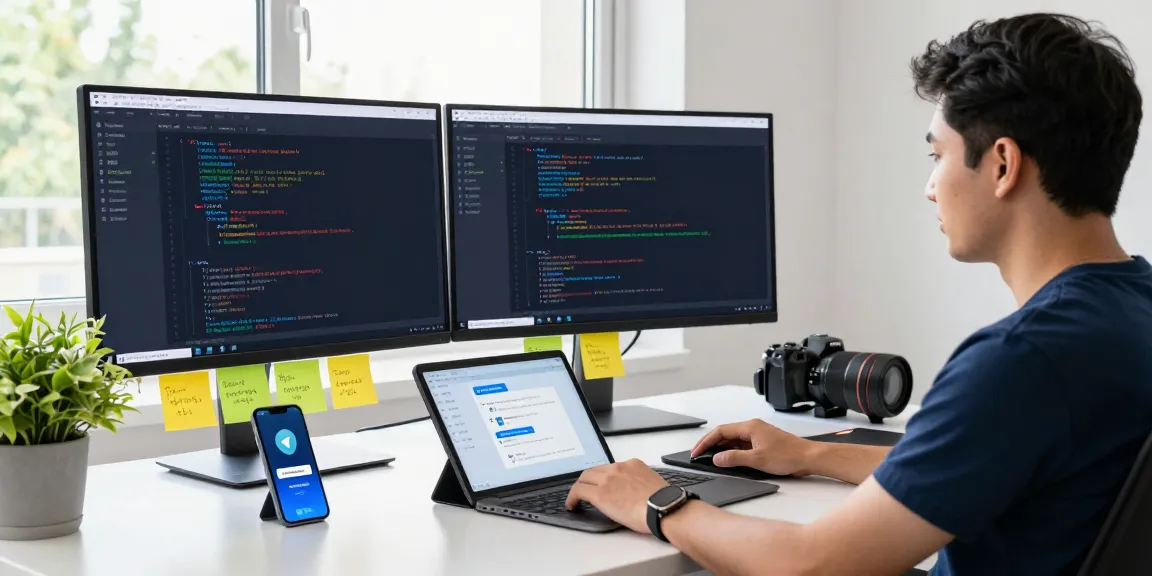 Illustration of a workspace for developing Telegram Chinese updates with screens, sticky notes, and productivity tools.