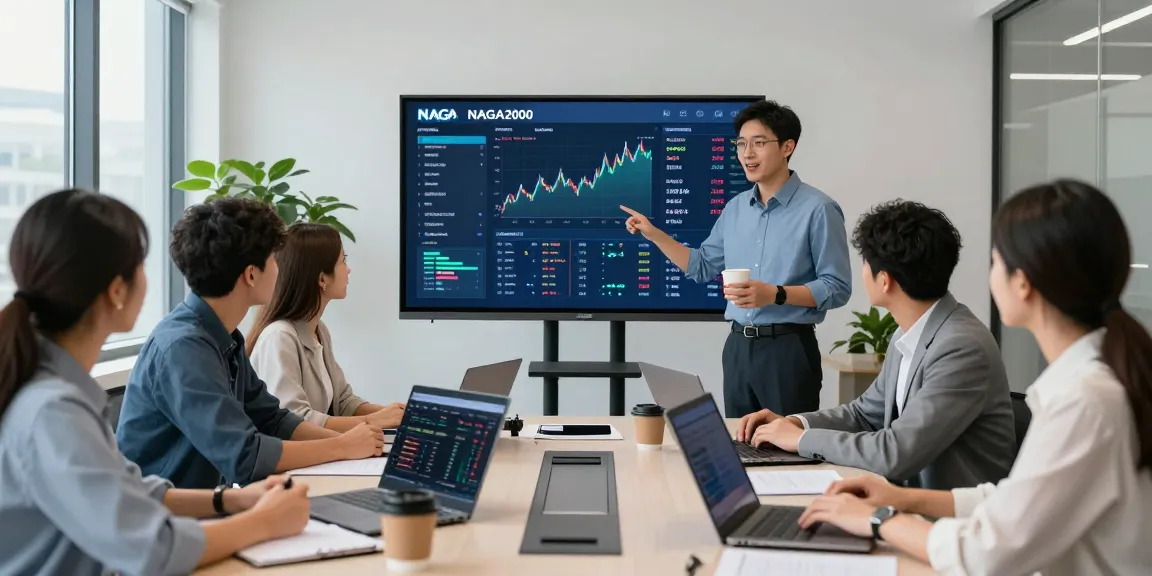 NAGA2000 trading platform meeting with diverse professionals showcasing financial strategies in a modern office.