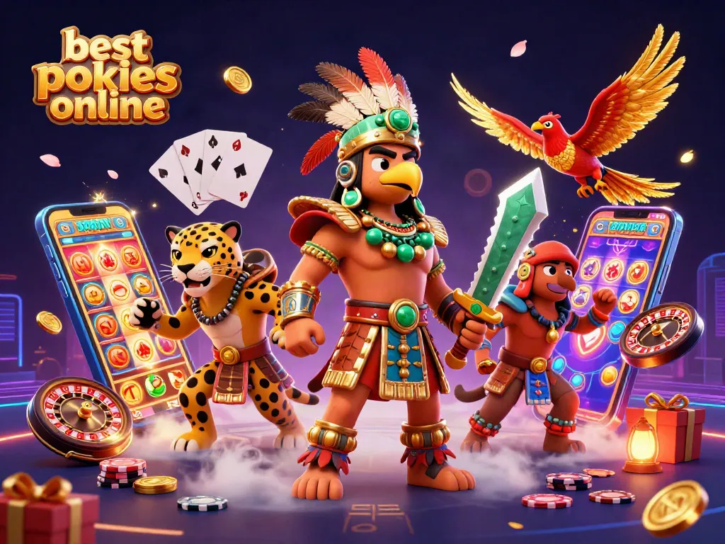 Bets on the best pokies online showcased amid vibrant 3D casino elements, featuring Aztec warriors.