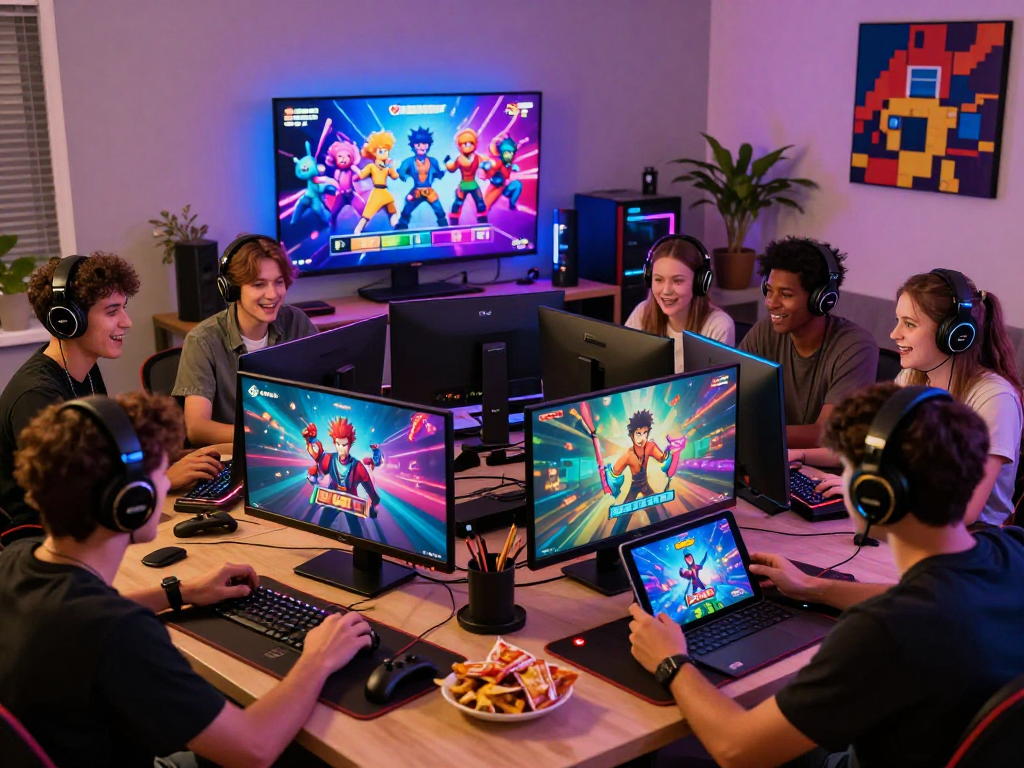 Diverse players enjoying porngames on multiple devices in a vibrant gaming environment.