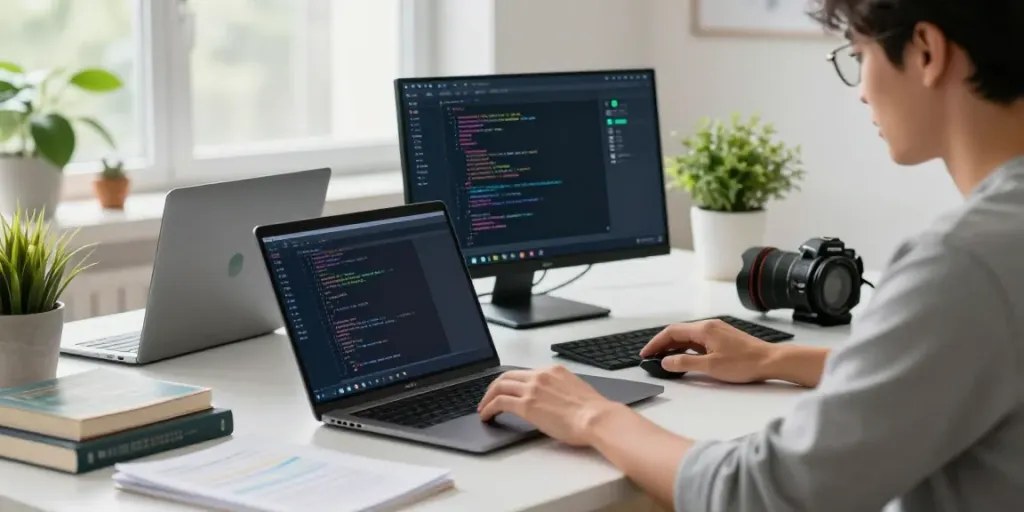 Professional coding setup showcasing Android apps on h5.2113.net with vibrant workspace.