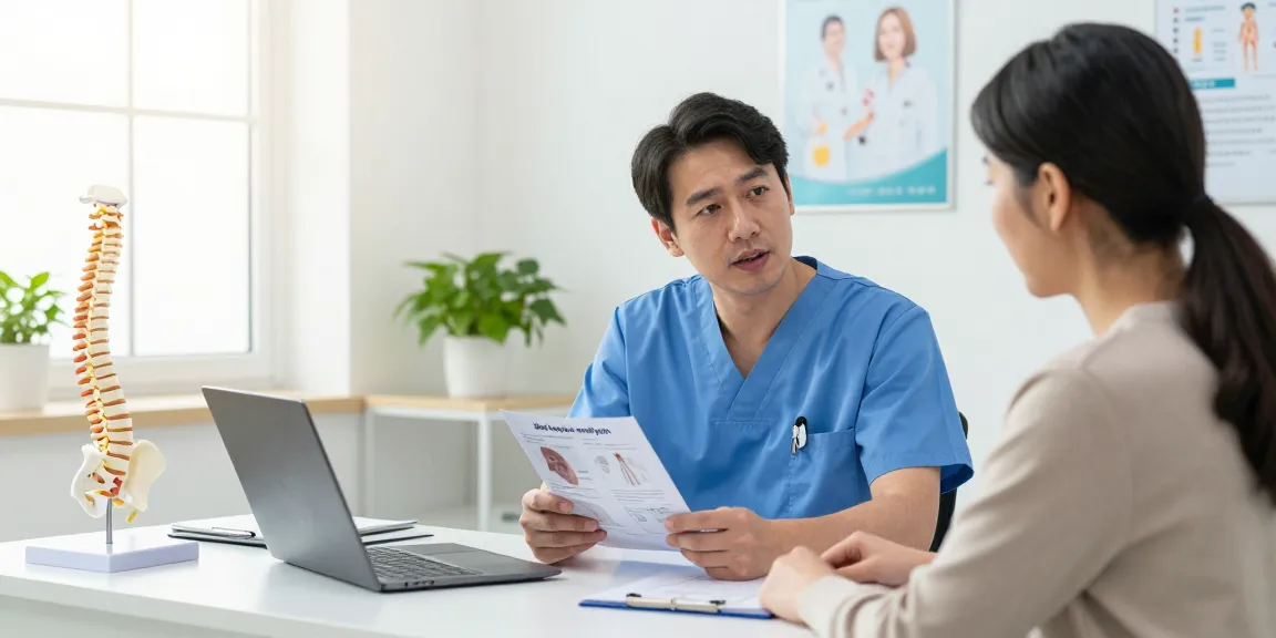 Surgeon explains Bel kayması ameliyatı to a patient in a medical consultation.