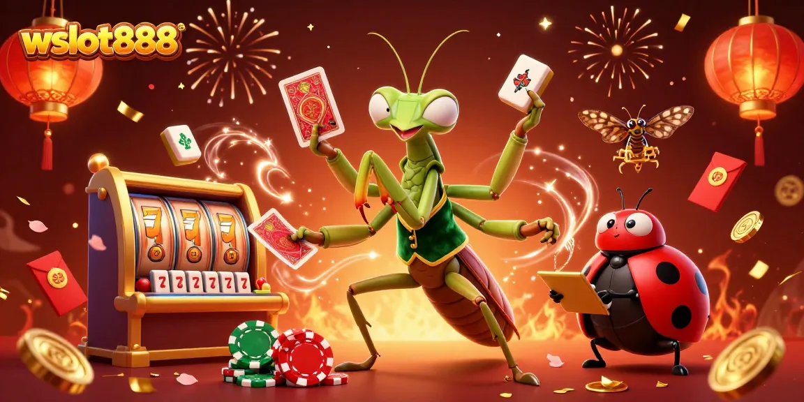 Permainan kartu wslot888 oleh mantis raksasa yang sibuk dengan chip dan kartu, dikelilingi elemen emosional.