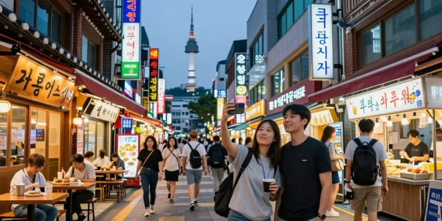 서울오피를 즐기는 여행객들이 화려한 네온사인과 함께 서울 거리를 탐방하는 모습