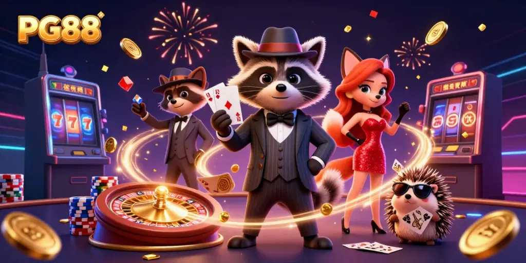 Experience the thrill of PG88 casino gaming with vibrant characters, sparkling gems, and action-packed scenes.