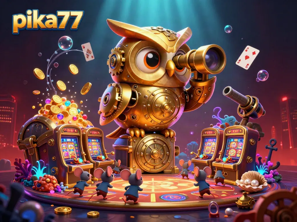 Experience thrilling slots action at pika77 with 3D digital illustration showcasing vibrant casino life.