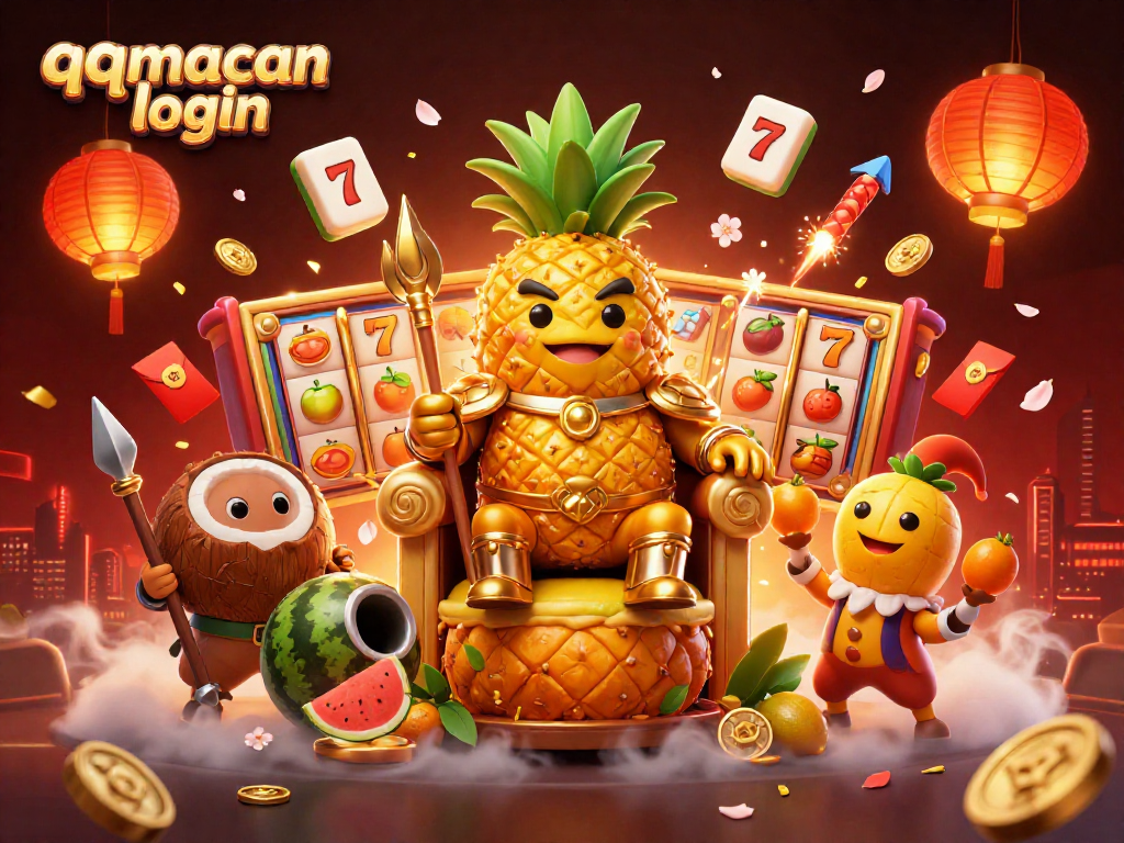Engage in thrilling gaming with the qqmacan login featuring a cartoon pineapple king and vibrant casino elements.