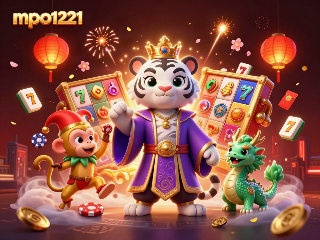 Engage with mpo1221's vibrant casino scene featuring a regal tiger, juggling monkey, and dynamic slot elements.