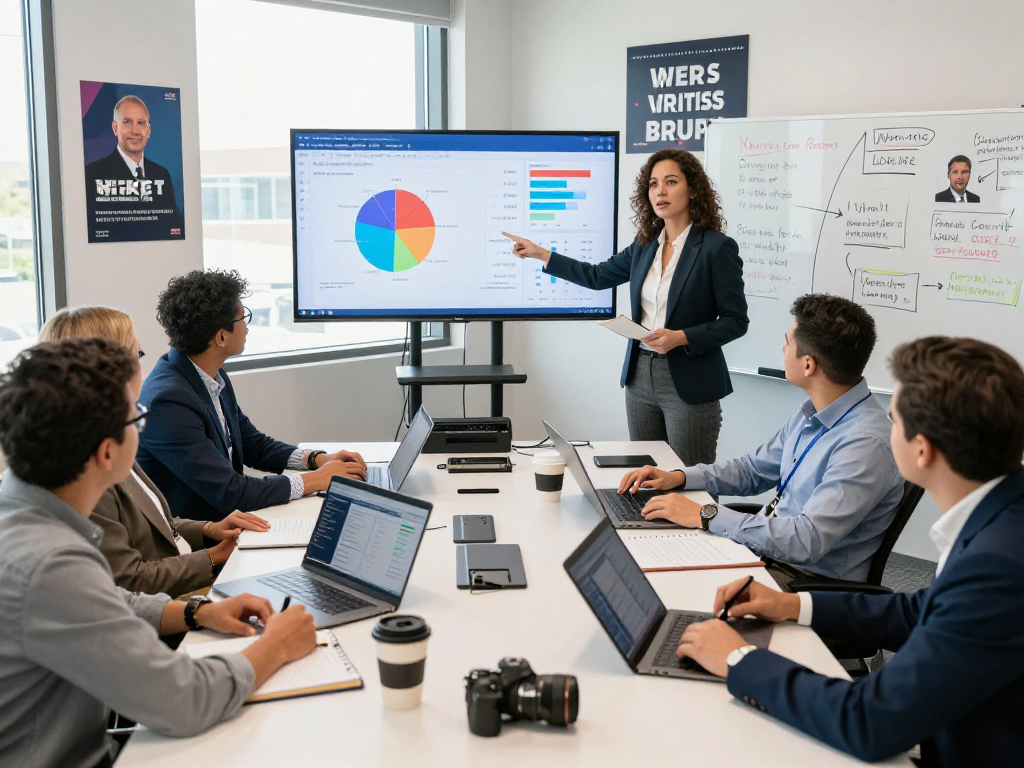 Engaged political team analyzing candidate reputation management data during strategy session