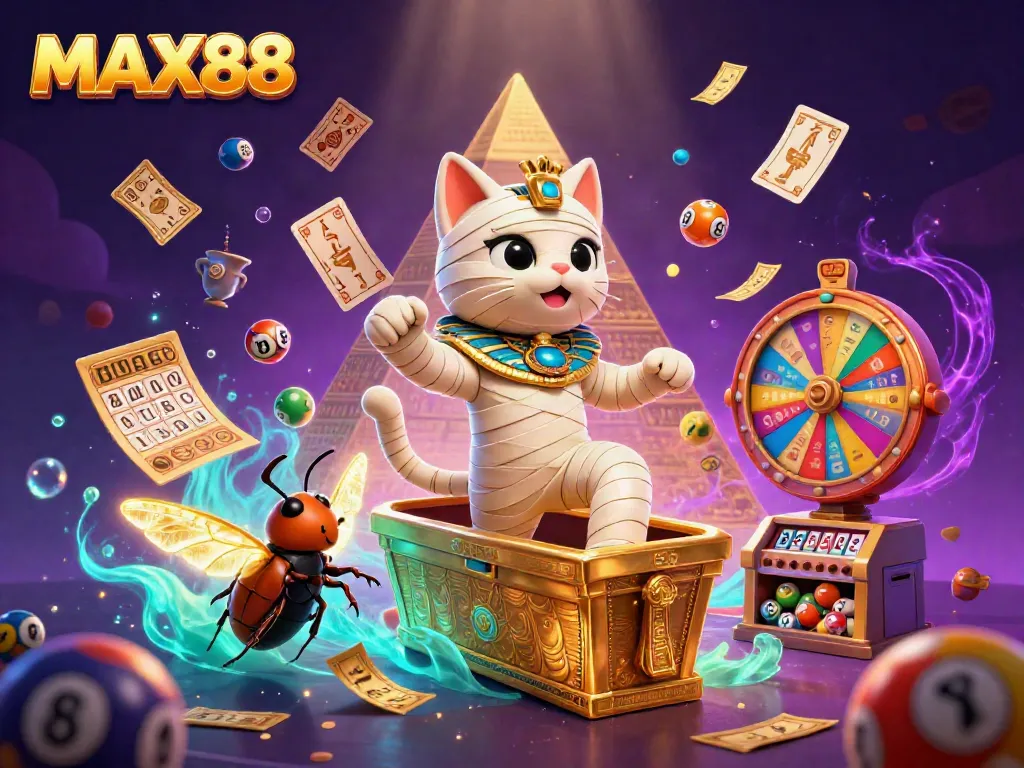 Experience the thrill of MAX88 with a vibrant illustration of casino games and dynamic characters.