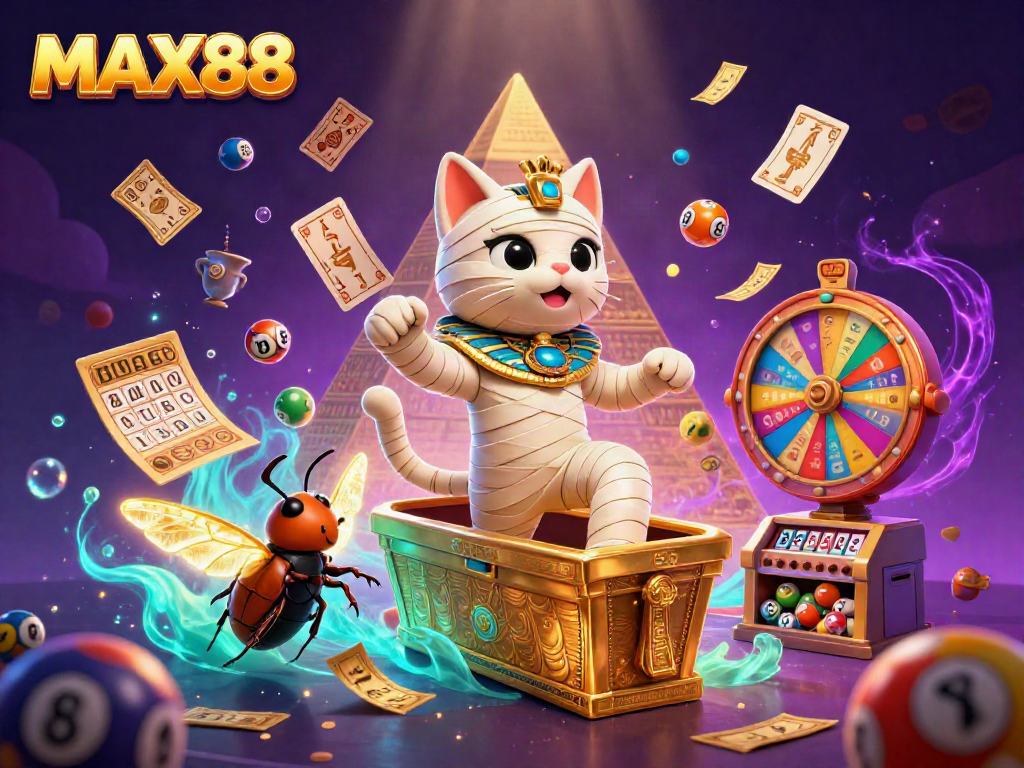 Experience the thrill of MAX88 with a vibrant illustration of casino games and dynamic characters.