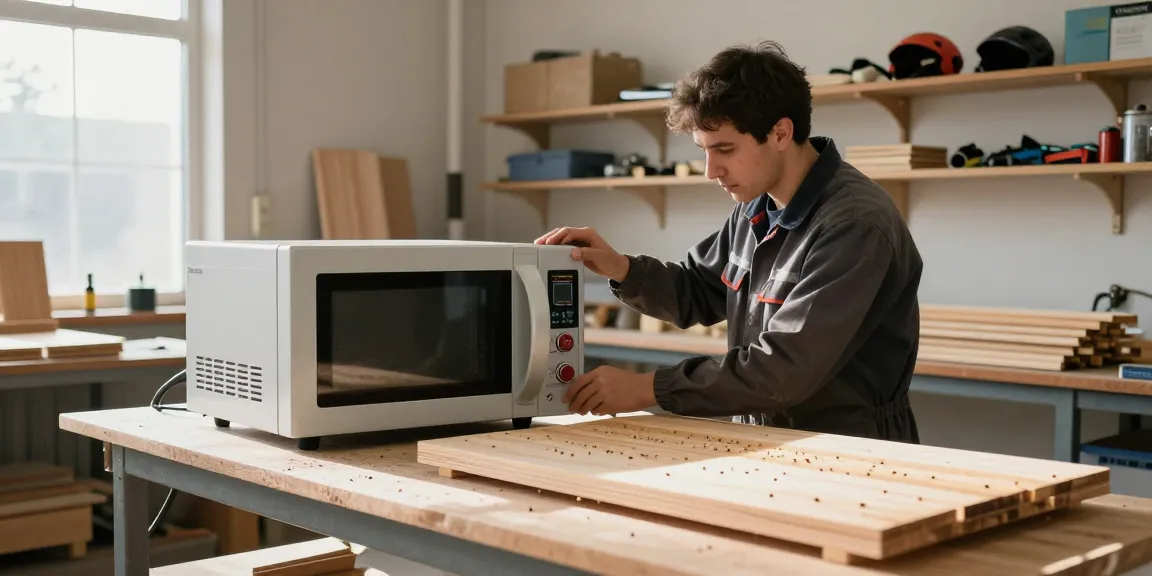 Shashel technician using advanced microwave equipment for woodworm elimination in workshop.
