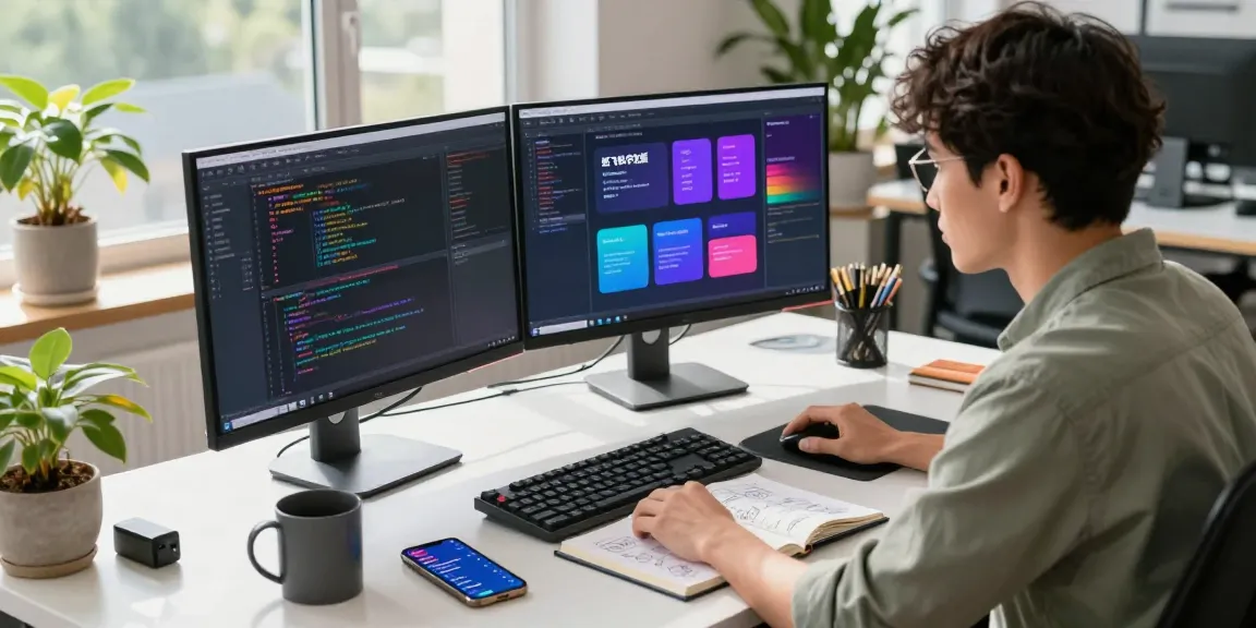 Developer coding 纸飞机中文版 application in a modern workspace with dual monitors.