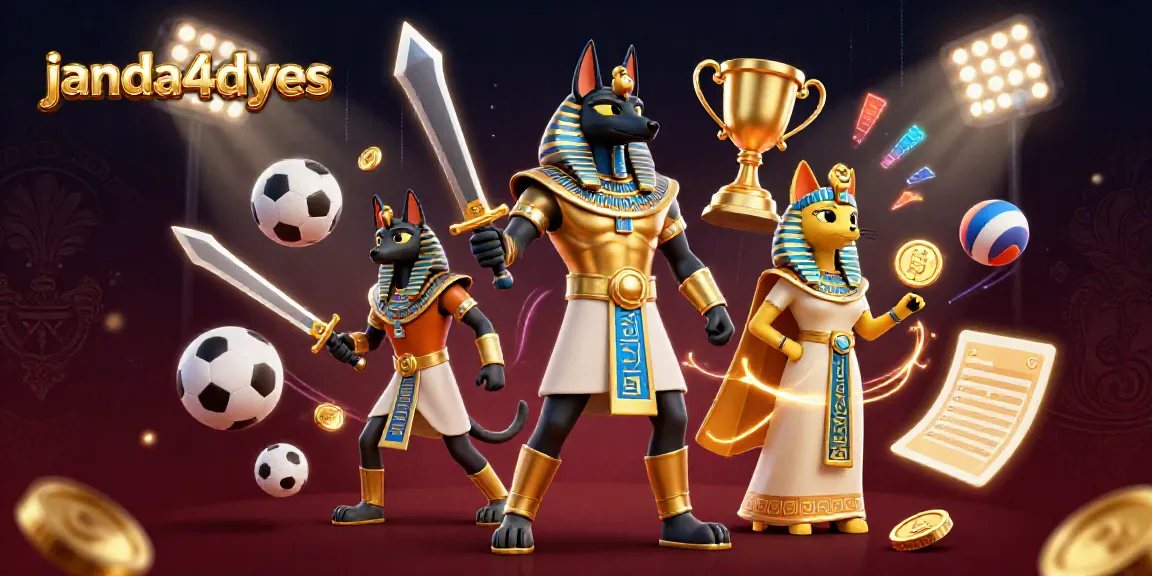 Permainan janda4dyes dengan Anubis dan Bastet dalam desain 3D yang dinamis, menampilkan elemen olahraga dan kemenangan.