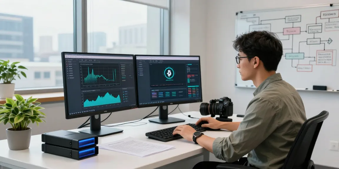 Recover lost crypto with a cybersecurity expert analyzing dual monitors in a modern office.