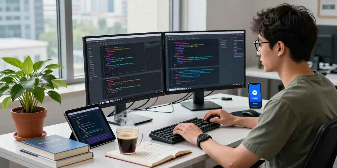 Developer coding Telegram Chinese update in modern workspace with multiple screens and gadgets