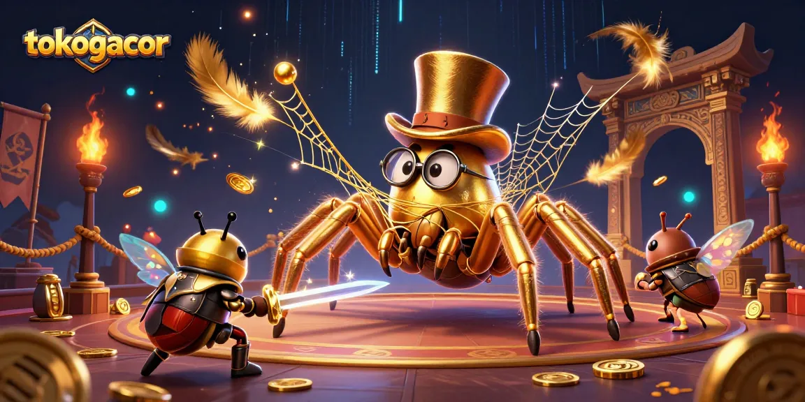 Tarikan slot online tokogacor dengan laba jari laba-laba emas yang mencolok dan kesatria kecil berani di lingkungan perjudian yang dinamis.