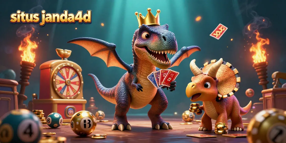 Permainan situs janda4d dengan T-Rex bermahkota emas dan triceratops menumpuk chip emas.