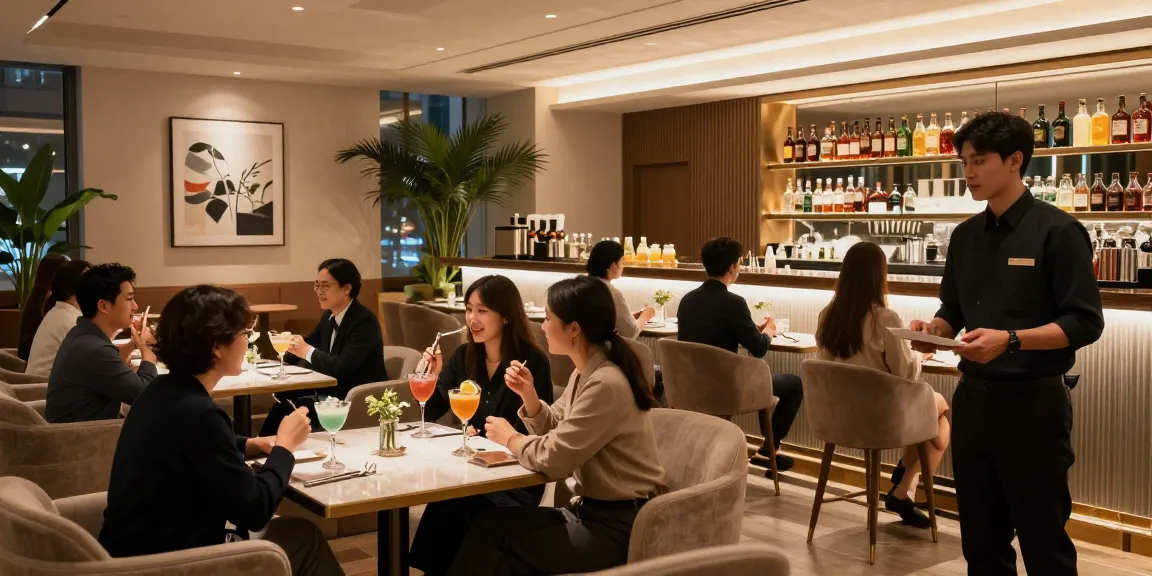 강남 블렌딩의 고급스러운 인테리어와 서비스 모습, 편안한 분위기와 세련된 조명이 돋보임. 쩜오블랜딩에서의 소중한 순간을 표현.