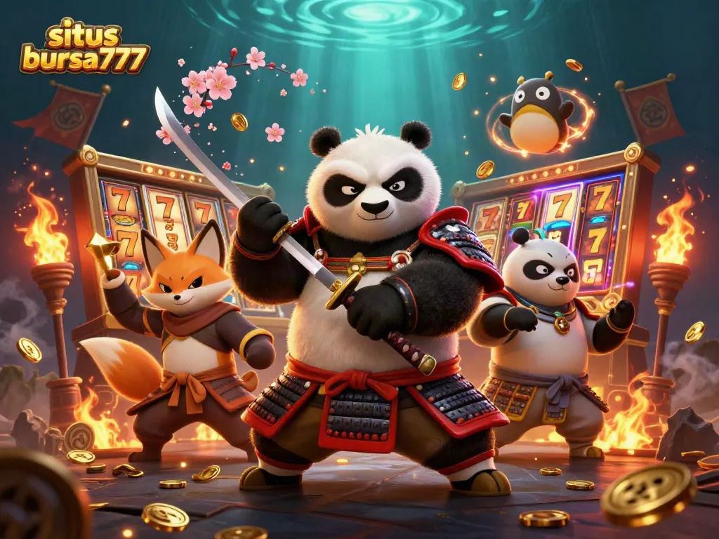 Slot online di situs bursa777, menggambarkan samurai panda dan ninja fox dalam aksi kemenangan jackpot.