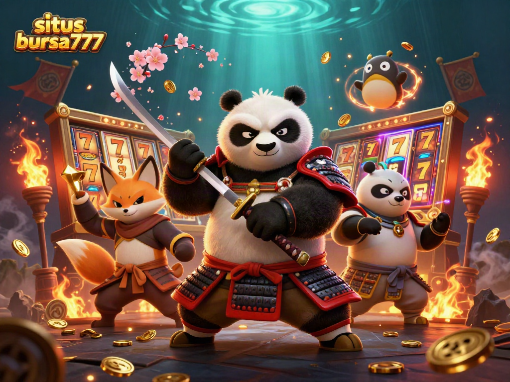 Slot online di situs bursa777, menggambarkan samurai panda dan ninja fox dalam aksi kemenangan jackpot.