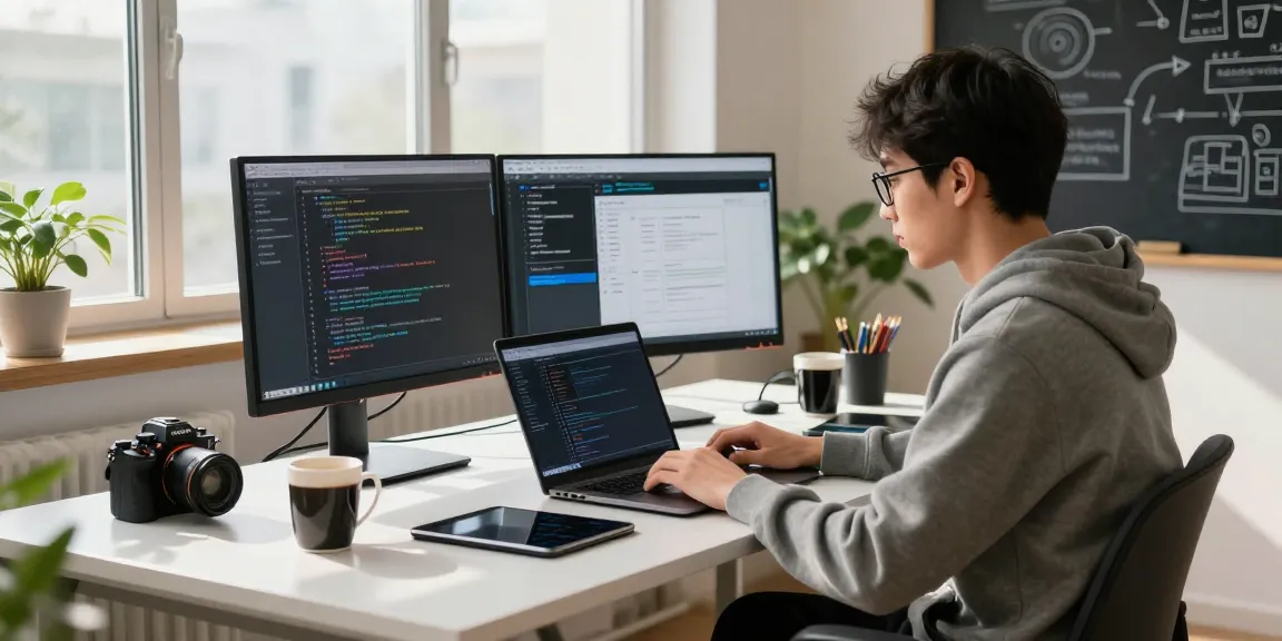 Developer working on 纸飞机中文版 software in a modern tech workspace featuring code displays and innovative gadgets.