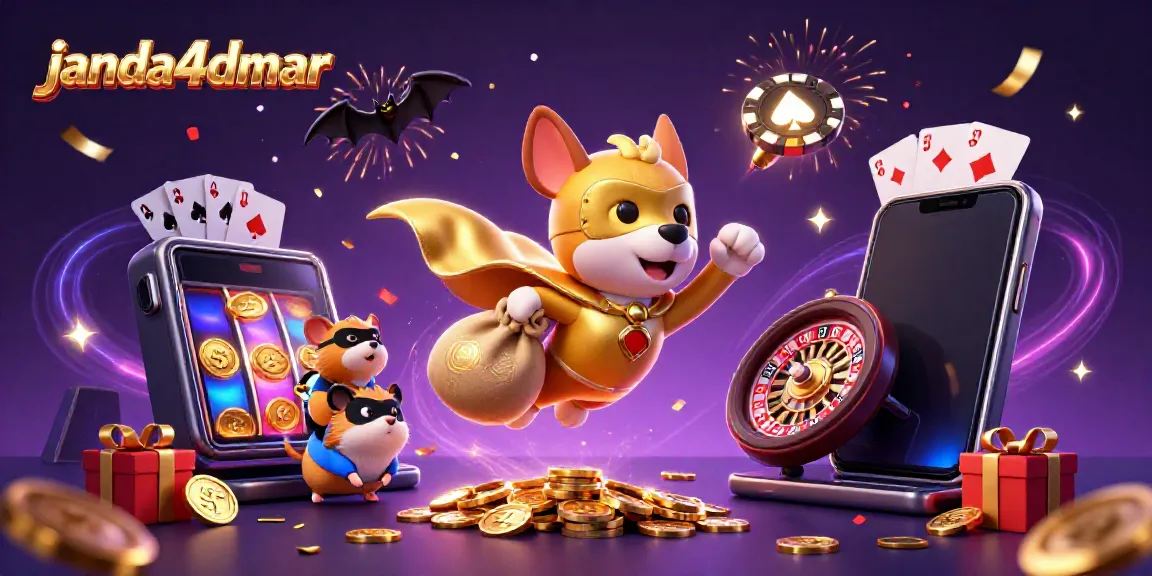 Gamer janda4dmar saat menarik jackpot dengan anjing superhero dan hamster di latar belakang yang ceria.