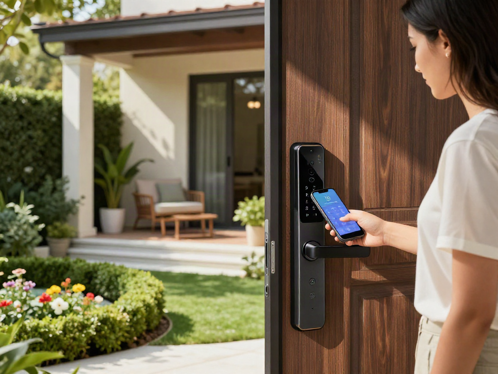 Smart home with advanced قفل هوشمند being unlocked via smartphone by a homeowner.