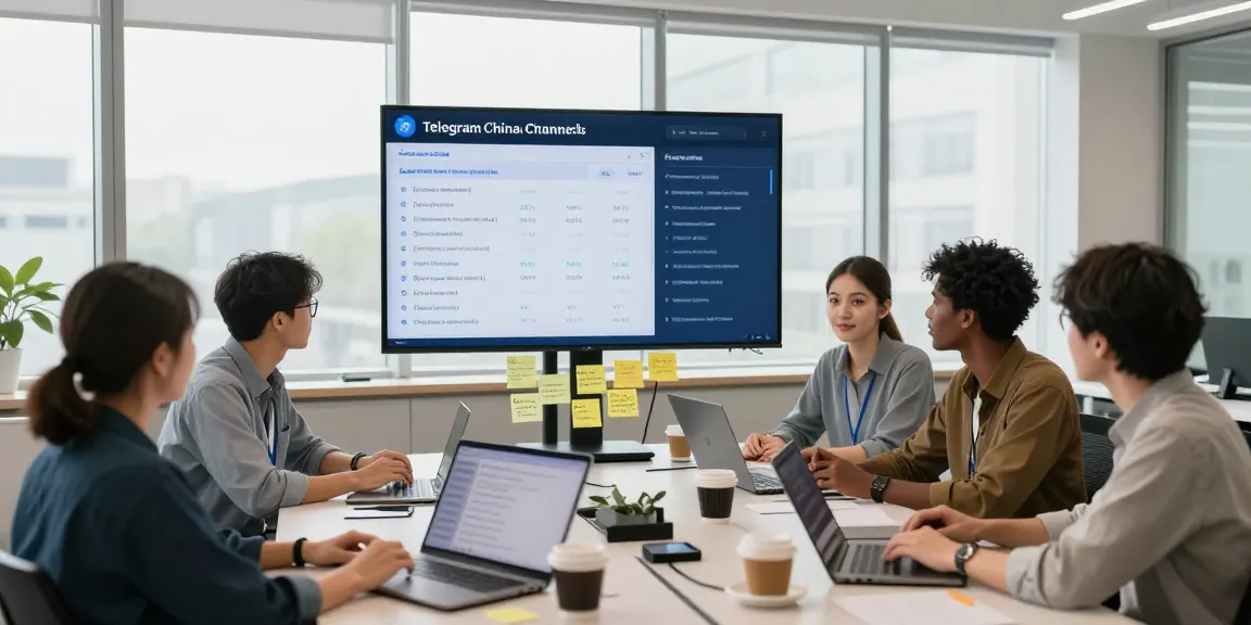 Collaborative research on telegram china channels in a vibrant workspace with diverse individuals and modern technology.
