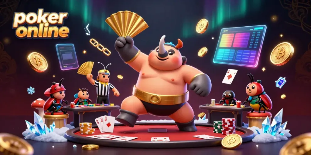 Dynamic poker online scene showcasing a rhinoceros beetle champion and innovative game elements.