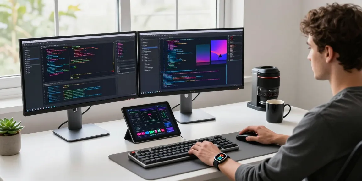 A software developer utilizing raja 328 technology in a modern workspace with vibrant code on multiple monitors.