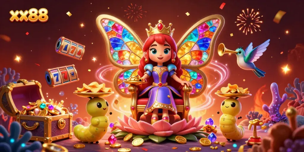 Engaging illustration of xx88 featuring a fantasy casino scene with a butterfly queen, celebrating jackpots and games.