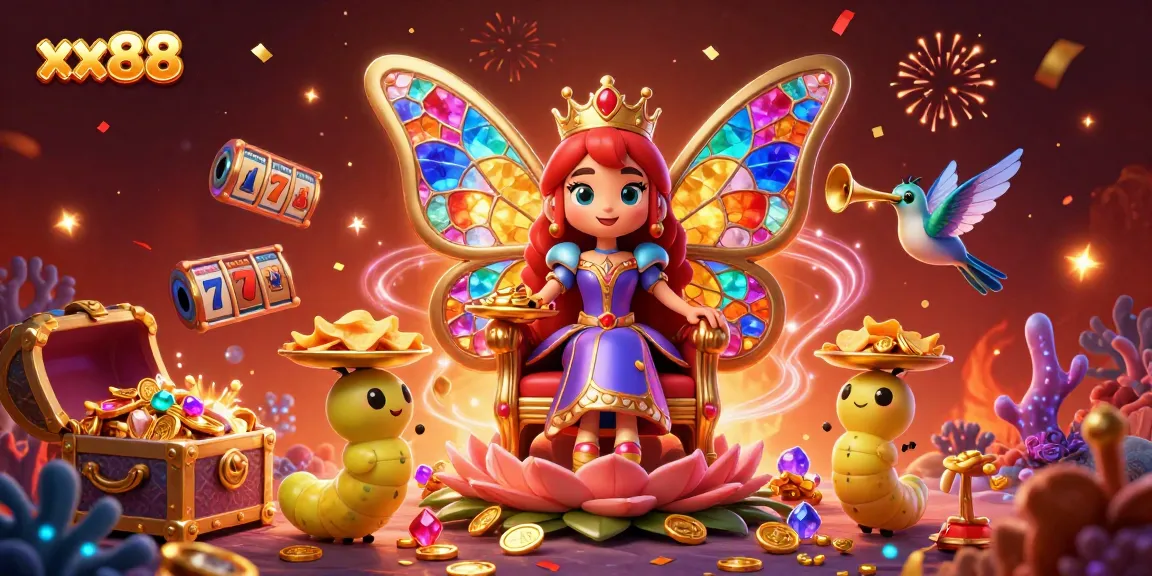 Engaging illustration of xx88 featuring a fantasy casino scene with a butterfly queen, celebrating jackpots and games.