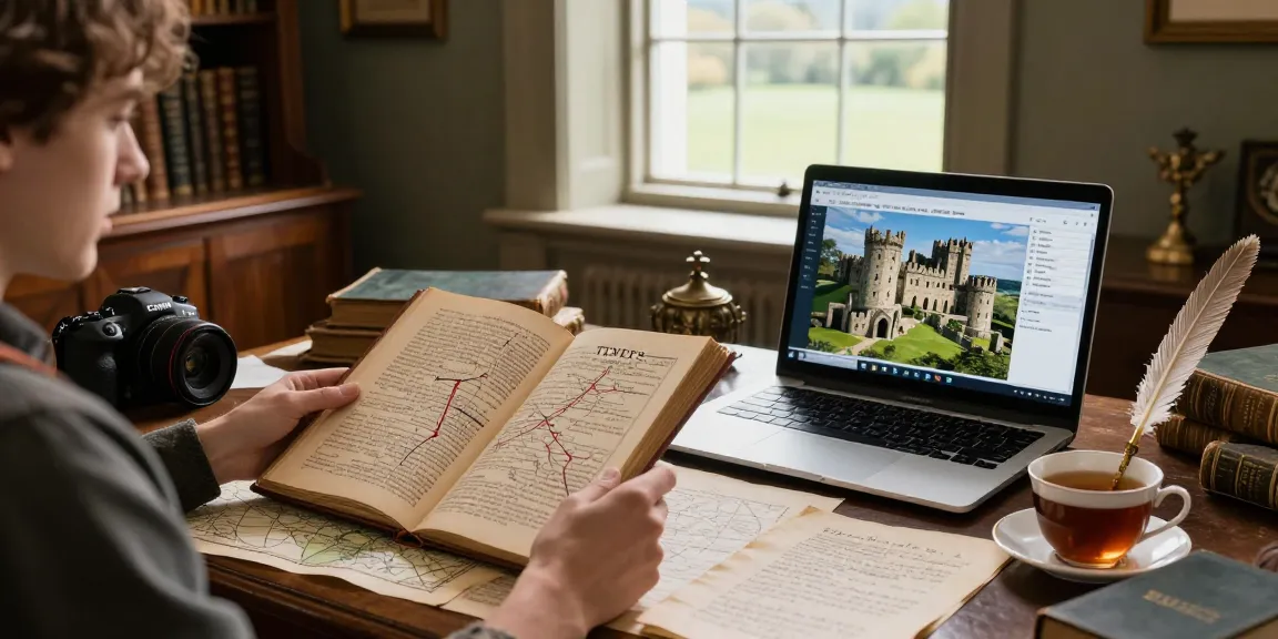 An engaged historian explores Tynte's Castle through https://tyntescastle.com, surrounded by history books and vintage artifacts.
