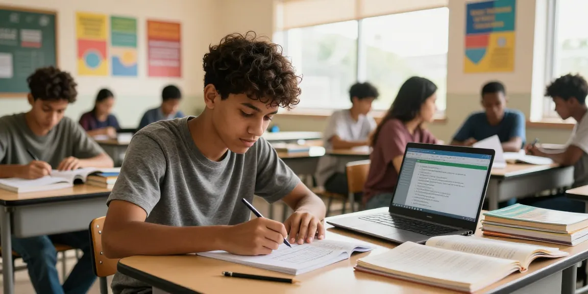 Student preparing for the 2026 WAEC expo in a bright classroom, surrounded by study materials.