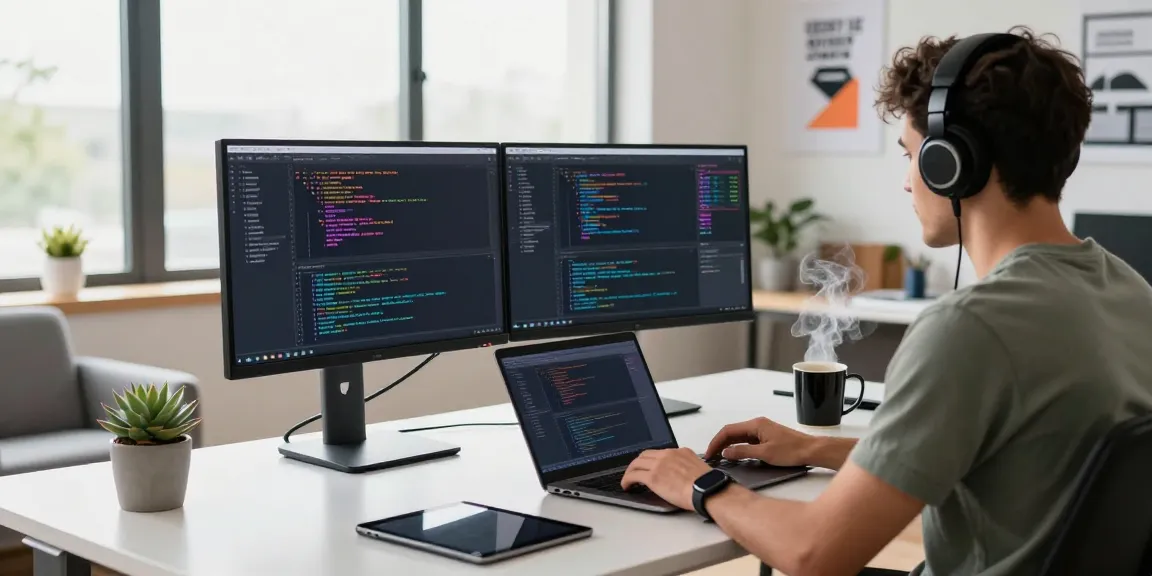 Developer coding at modern workspace enhancing telegraimin.com app functionality with tech gadgets.