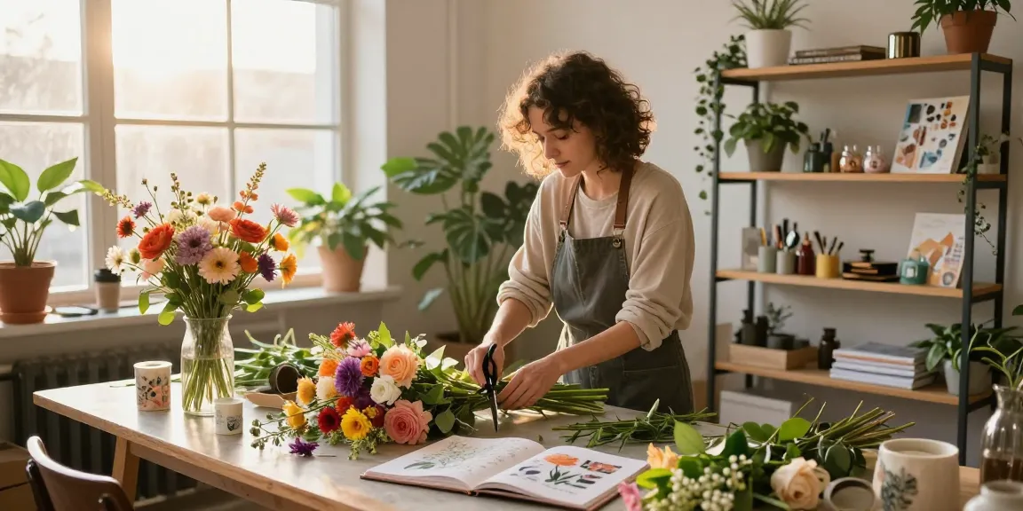 Floral artist arranging vibrant seasonal flowers in a bright workshop, showcasing MODALWD design lessons.