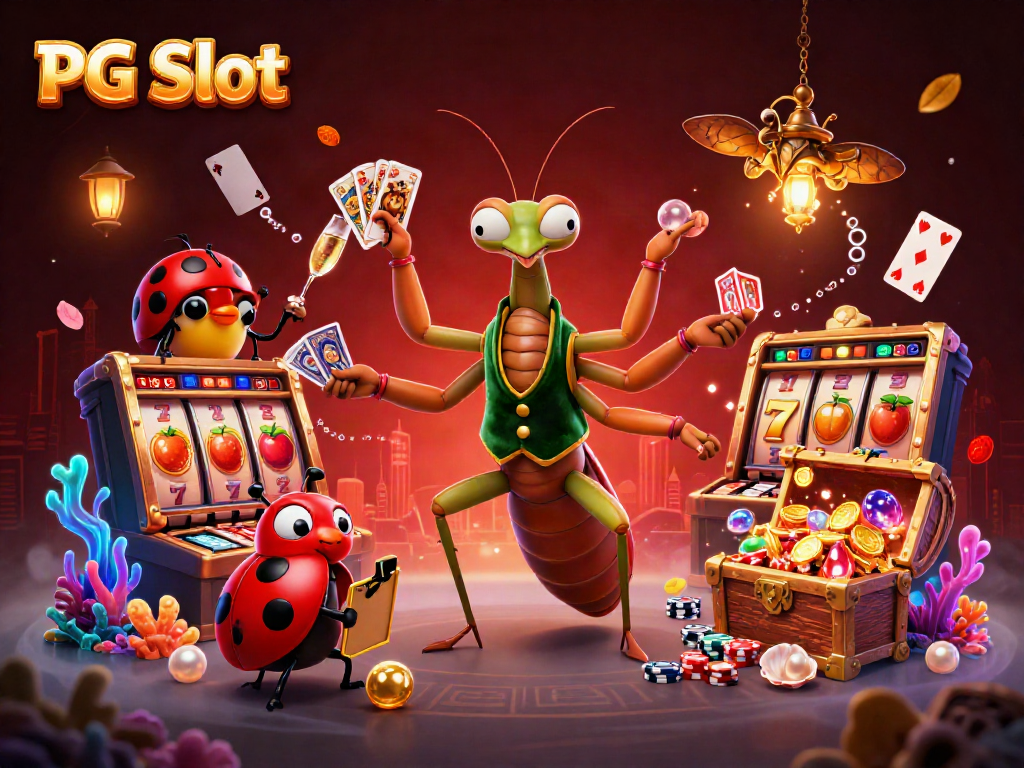 Experience the thrill of PG Slot with a dynamic 3D casino illustration bustling with vibrant characters and game elements.