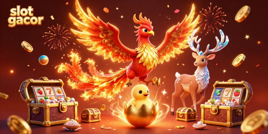 Experience the thrill of slot gacor with a phoenix and treasure-filled 3D illustration.
