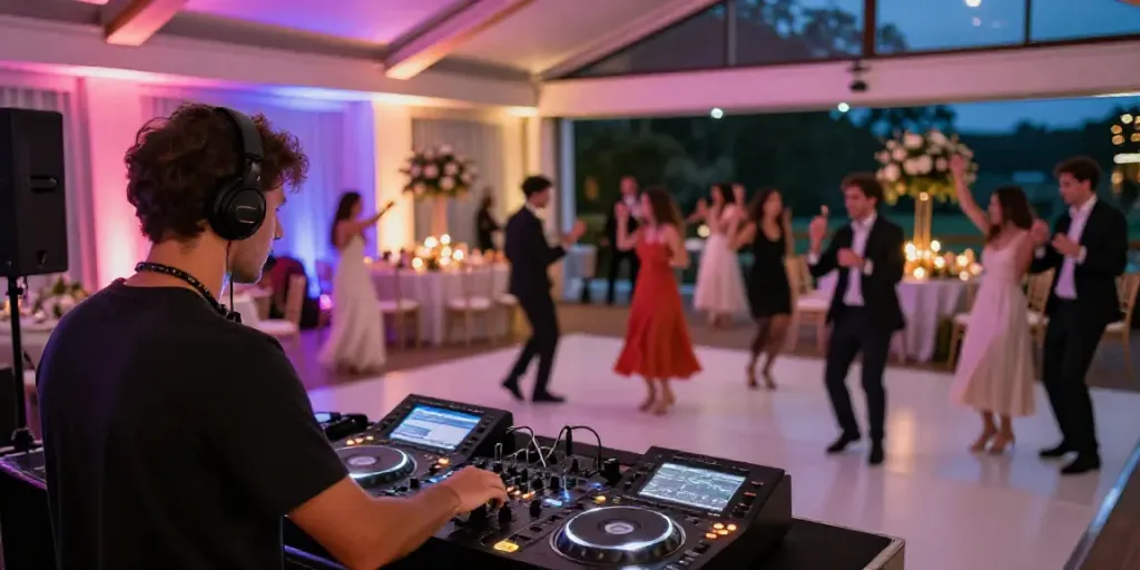 Vibrant wedding DJ event in Berlin and Brandenburg with guests dancing.