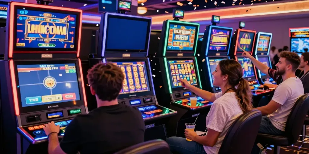 Excited players celebrating a big win at colorful slot machines in a lively casino setting.