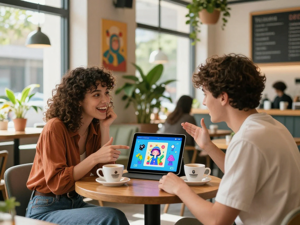 Engaged couple discussing their AI gf experience in a cozy café setting.