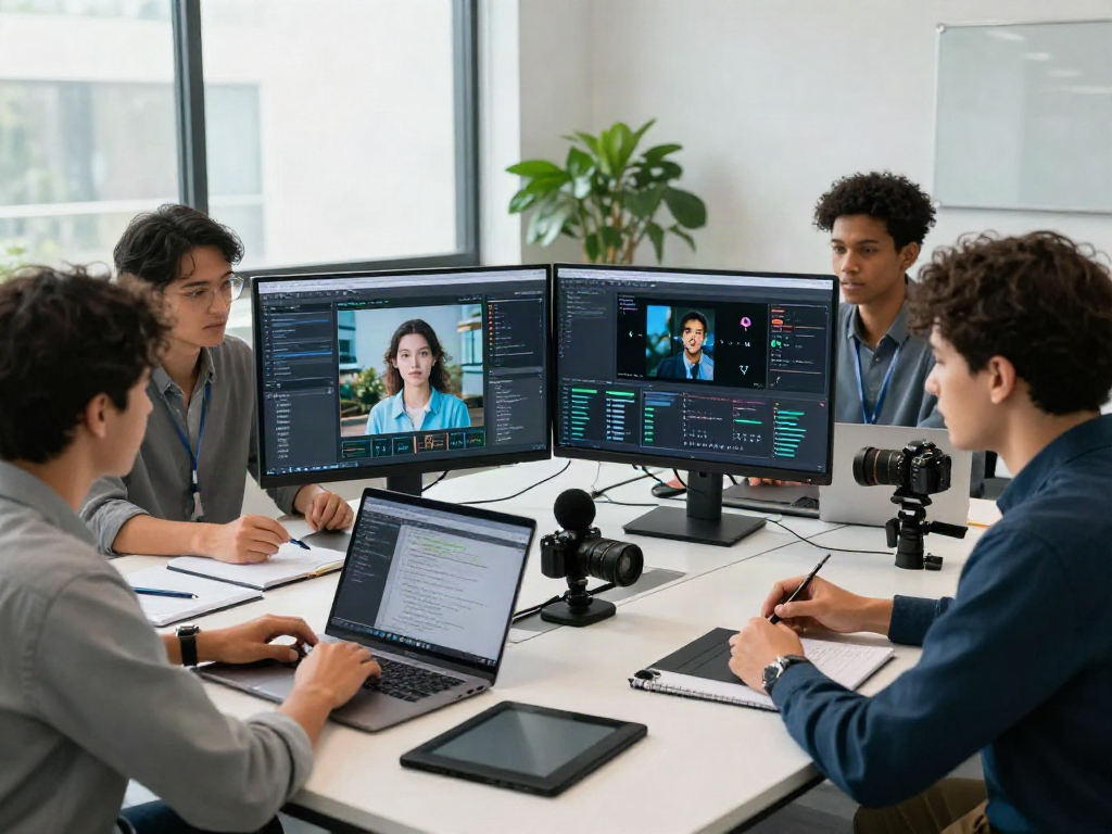 AI Detector in use at a collaborative tech workspace, featuring monitors showcasing analytics and images.