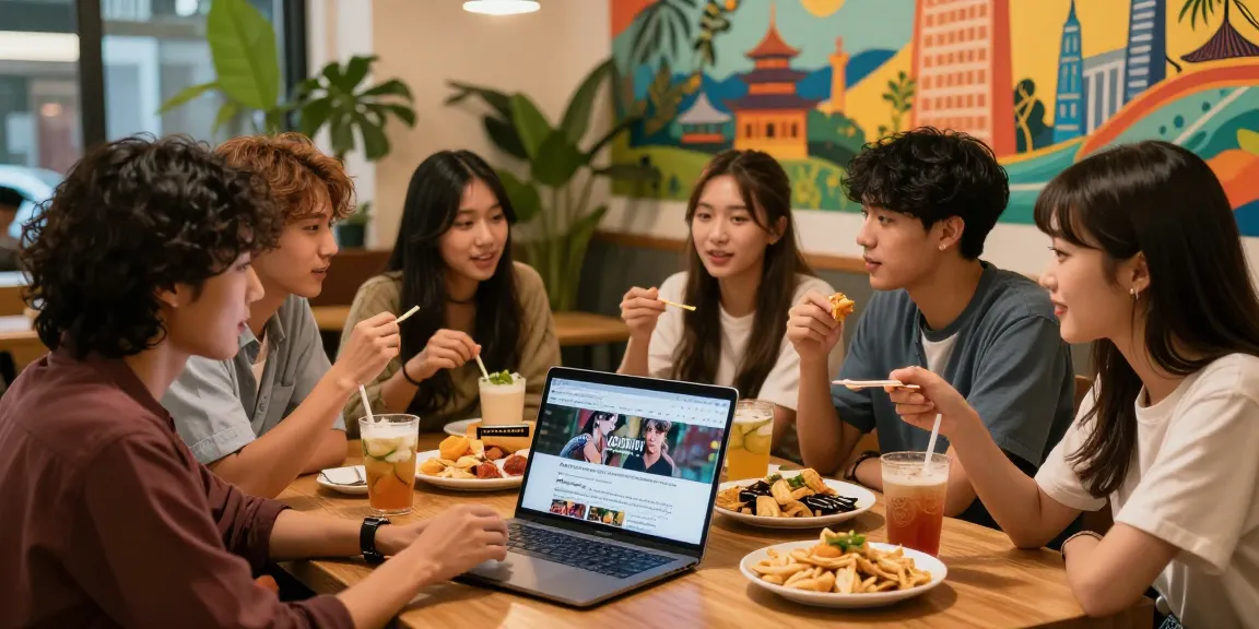 Cultural exploration at a café with friends discussing Asian pop culture and snacks, featuring https://hanadultalk.com.