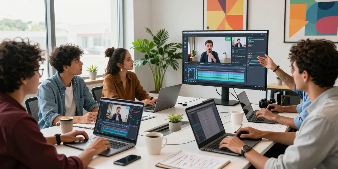 Team of content creators utilizing video prompt AI in a modern collaborative workspace.